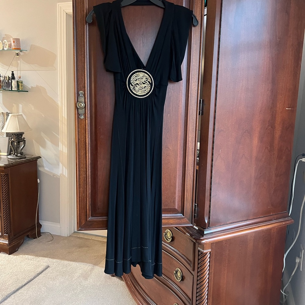 Black Midi Dress with Gold Medallion